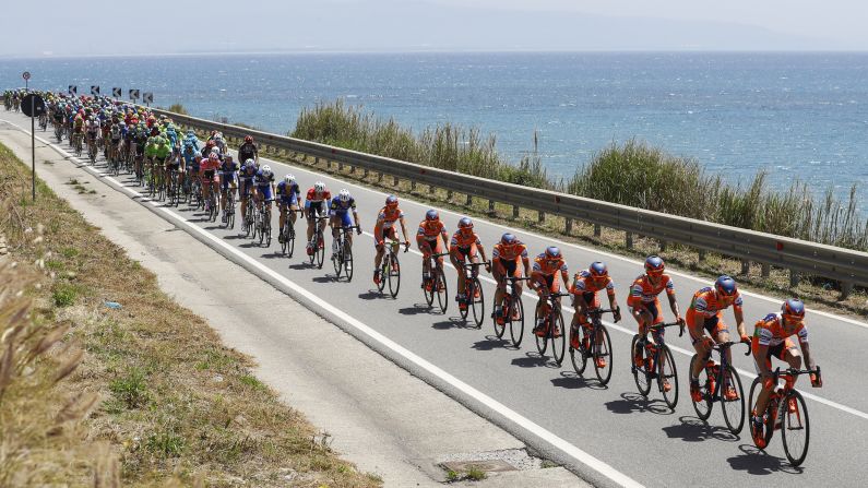The pack rides during the 4th stage of 99th Giro d'Italia, Tour of Italy, from Catanzaro to Praia a Mare on May 10, in Praia a Mare, Italy.