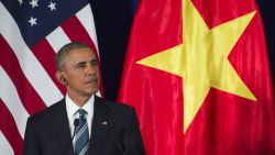 US President Barack Obama speaks during a joint press conference in Hanoi on May 23, 2016.
Obama was to meet communist Vietnam's senior leaders on May 23, kicking off a landmark visit that caps two decades of post-war rapprochement, as both countries look to push trade and check Beijing's growing assertiveness in the South China Sea. / AFP / JIM WATSON        (Photo credit should read JIM WATSON/AFP/Getty Images)