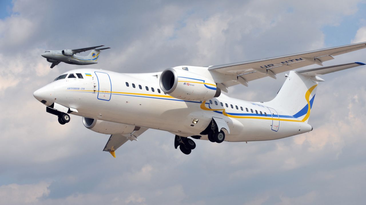 The first Antonov-158 takes off from the plant's aerodrome in Kiev during its first test-flight in April 2010. 
