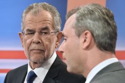 Presidential candidates Alexander Van der Bellen (L) and Norbert Hofer before a TV discussion following the second round of the elections on May 22, 2016