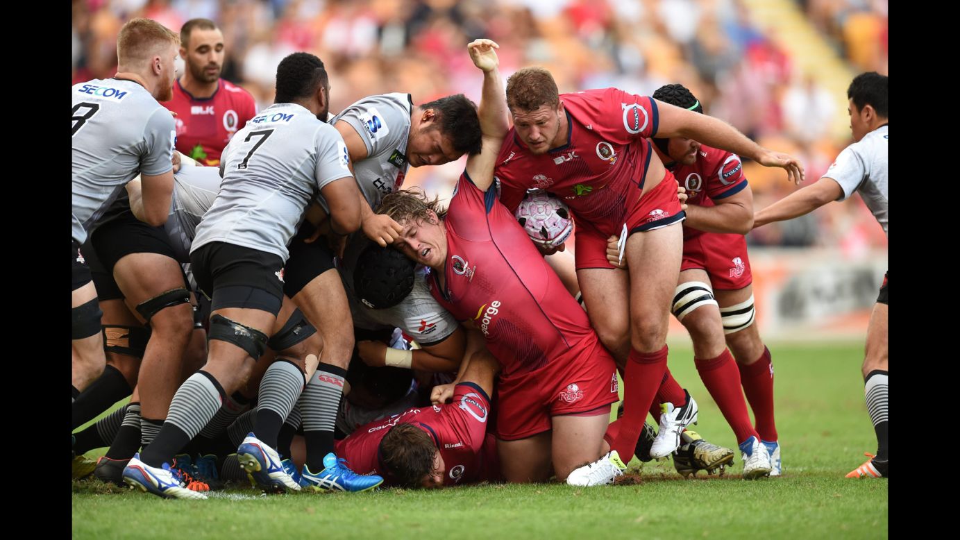 A scrum takes place between the Seawolves and the Queensland Reds during a Super Rugby match in Brisbane, Australia, on Saturday, May 21.