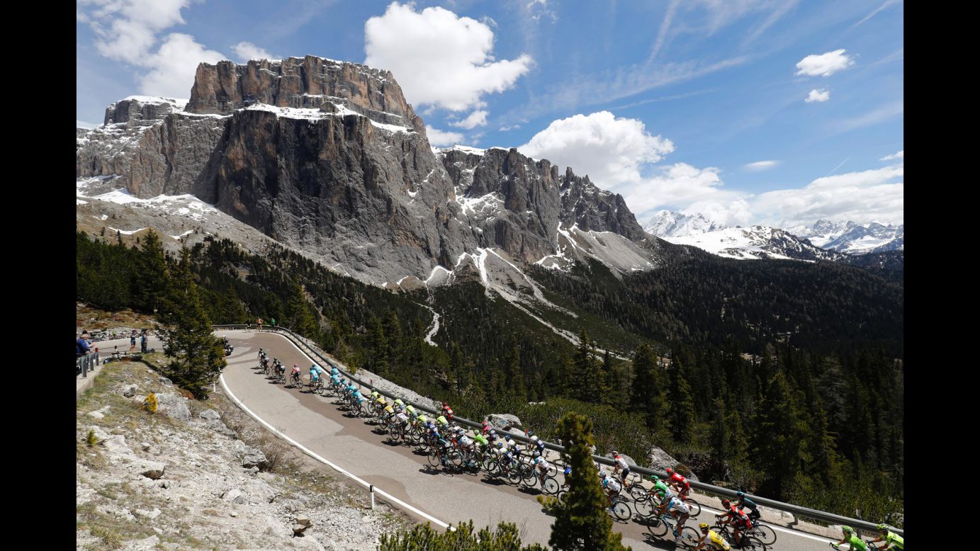 The peloton climbs the Sella Pass during the 14th stage of the Giro d'Italia (Tour of Italy) on Saturday, May 21.