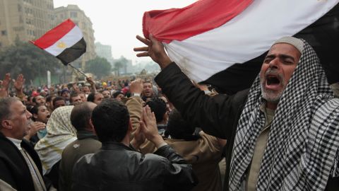 Anti-government demonstrators chant for freedom in Tahrir Square, Cairo, on February 7, 2011.
