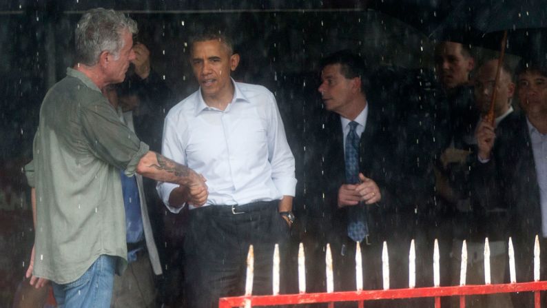 Obama shakes hands with chef Anthony Bourdain in a shopping area of Hanoi on May 24. The President sat down with Bourdain to film a scene for CNN's <a href="http://www.cnn.com/shows/anthony-bourdain-parts-unknown" target="_blank">"Parts Unknown."</a>