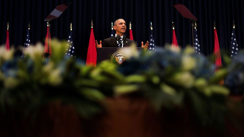 Obama delivers remarks at the National Convention Center in Hanoi on May 24. Obama <a href="index.php?page=&url=http%3A%2F%2Fwww.cnn.com%2F2016%2F05%2F24%2Fpolitics%2Fobama-vietnam-south-china-sea%2F" target="_blank">made a forceful case for human rights in Vietnam</a> and called for the "peaceful resolution" of disputes in the South China Sea.