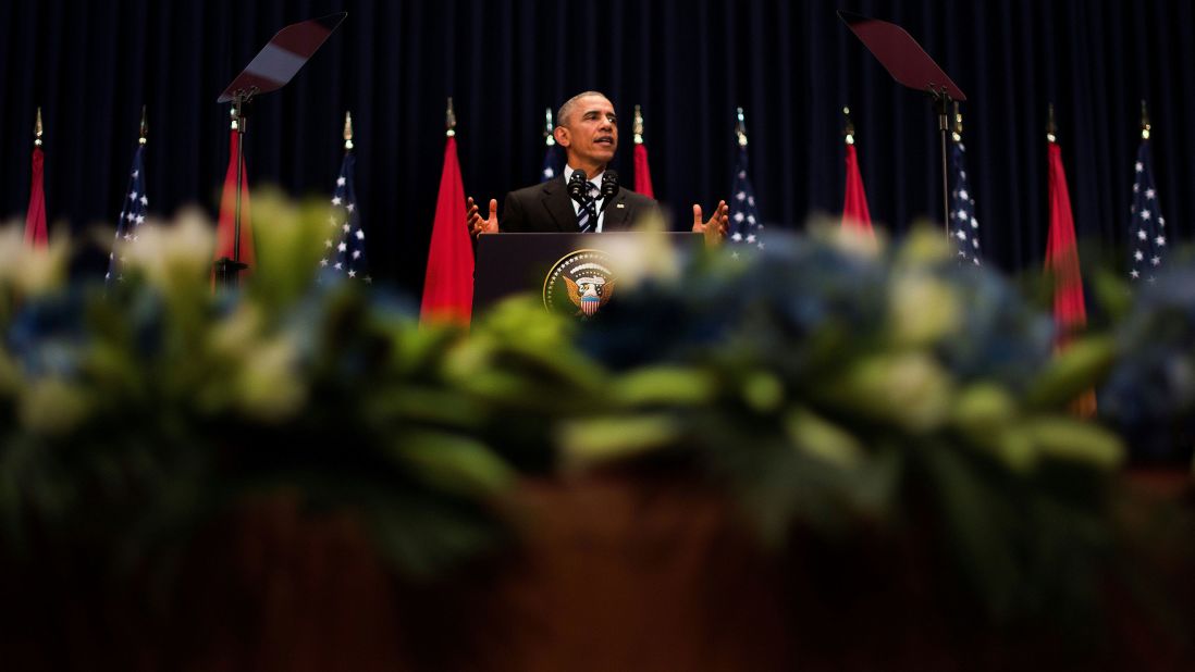 Obama delivers remarks at the National Convention Center in Hanoi on May 24. Obama <a href="http://www.cnn.com/2016/05/24/politics/obama-vietnam-south-china-sea/" target="_blank">made a forceful case for human rights in Vietnam</a> and called for the "peaceful resolution" of disputes in the South China Sea.
