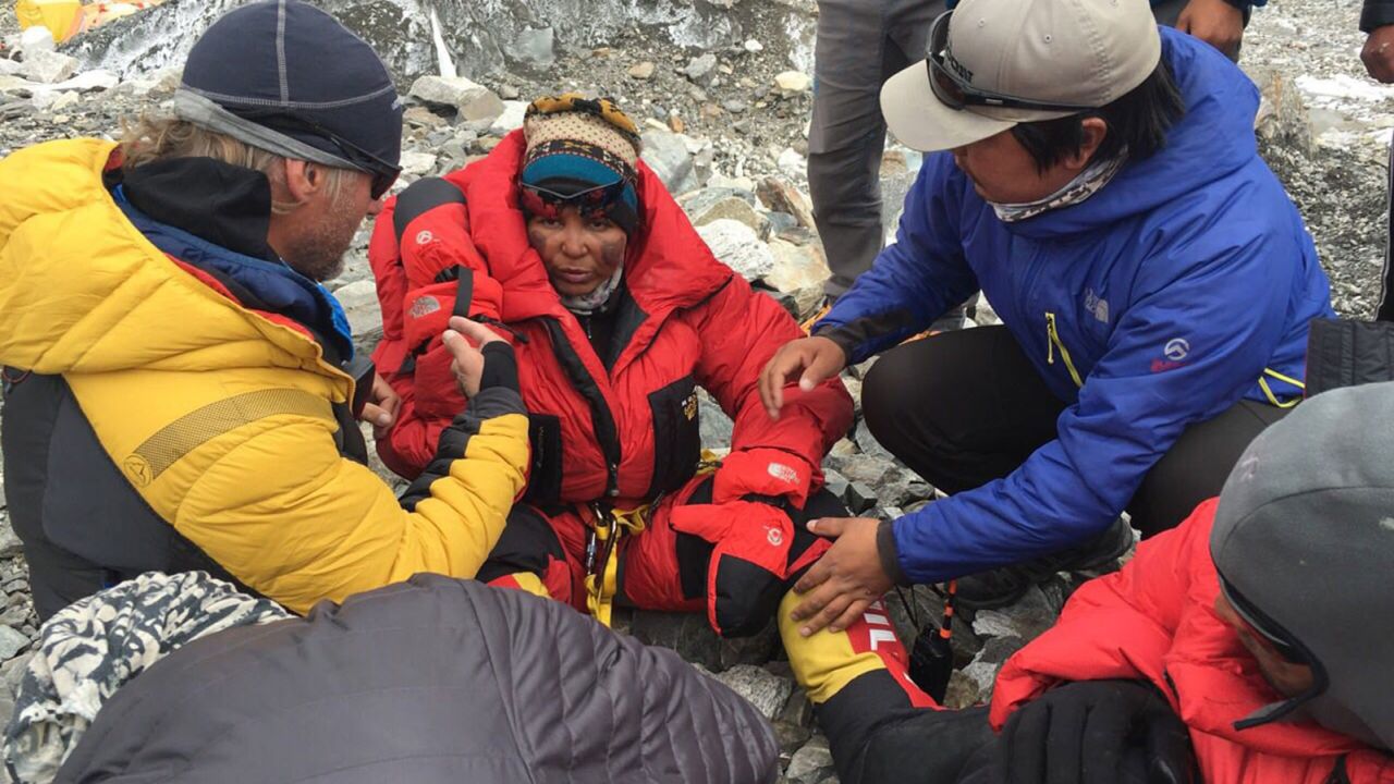 Indian climber Chetana Sahu at the Everest Base Camp after being rescued from near the summit.