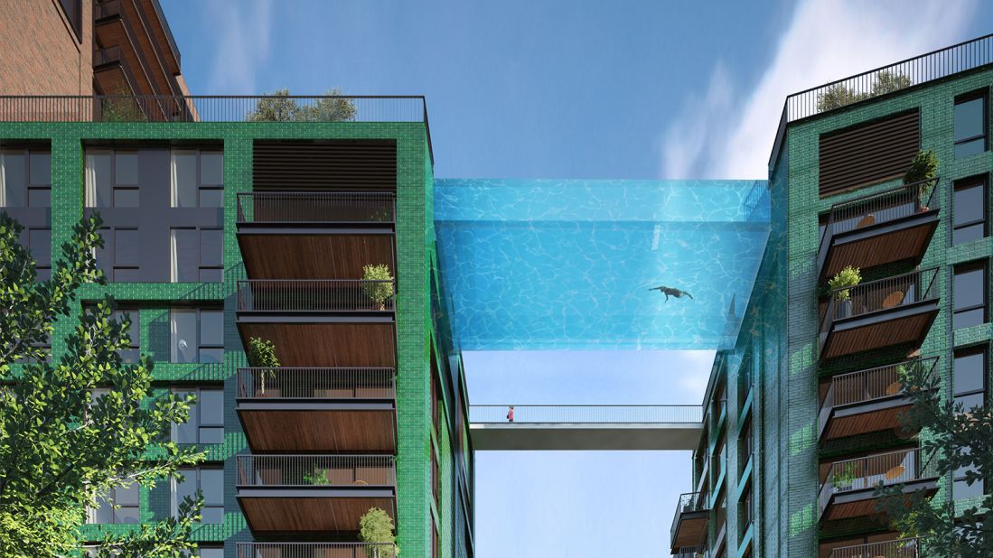 The London Sky Pool is a work in progress by Arup Associates. The aquarium-like swimming pool will be suspended 10-stories high between two buildings. 