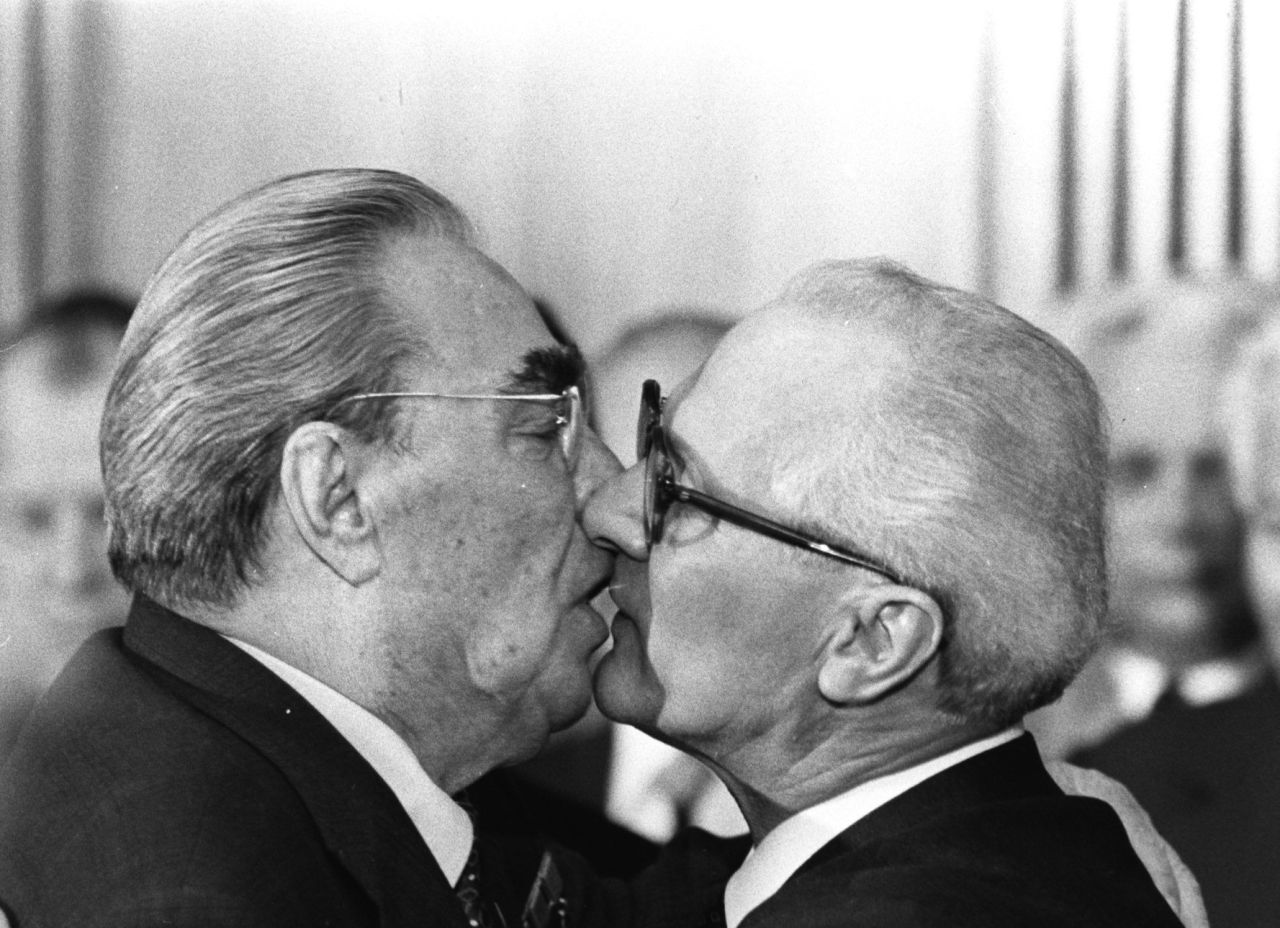 The iconic Berlin Wall mural was a reproduction of this photograph taken in 1979 when Brezhnev and Honecker exchanged kisses during celebrations marking the 30th anniversary of the East German State's foundation.