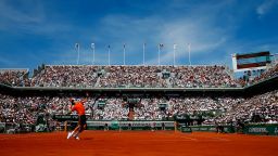 PARIS, FRANCE - JUNE 07:  Novak Djokovic of Serbia serves in the Men's Singles Final against Stanislas Wawrinka of Switzerland on day fifteen of the 2015 French Open at Roland Garros on June 7, 2015 in Paris, France.  (Photo by Julian Finney/Getty Images)