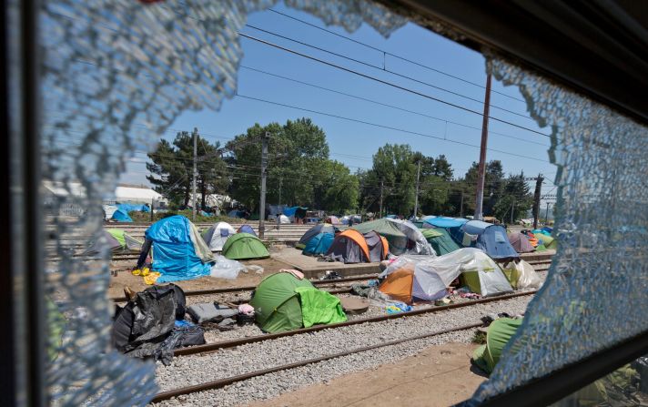 Tents cover rail lines linking Greece and Macedonia at the Idomeni migrant camp, May 23, 2016.