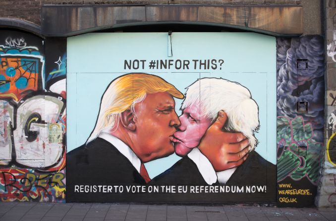  A mural painted on a derelict building in Stokes Croft shows US presidential hopeful Donald Trump sharing a kiss with former London Mayor Boris Johnson, on May 24, 2016 in Bristol, England. 