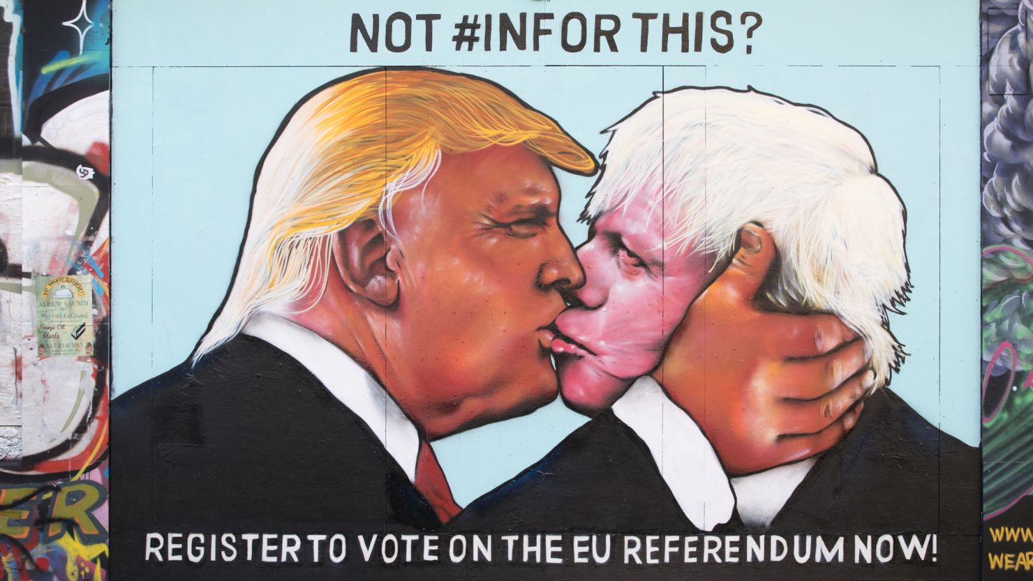  A mural in Bristol, England, before the UK's Brexit vote depicts Donald Trump kissing Boris Johnson.