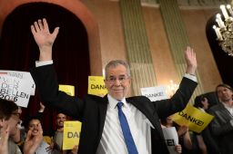 Austrian President-elect Alexander Van der Bellen during an election party after the second round of the Austrian President elections on May 22 in Vienna