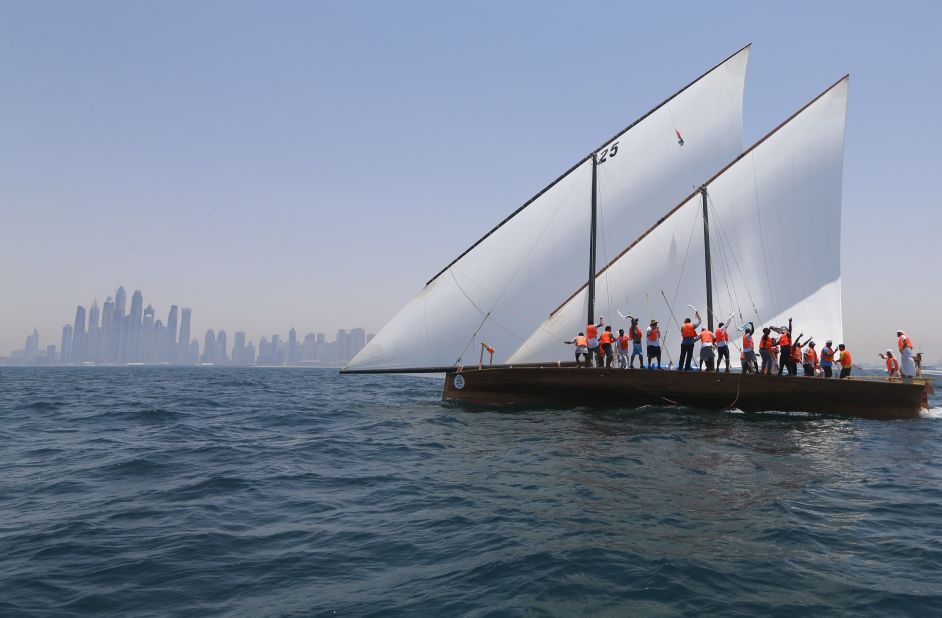 Dhows do not have motors, and each boat competing today must have a crew of a minimum of 12 for the 51.3 nautical mile-long race.