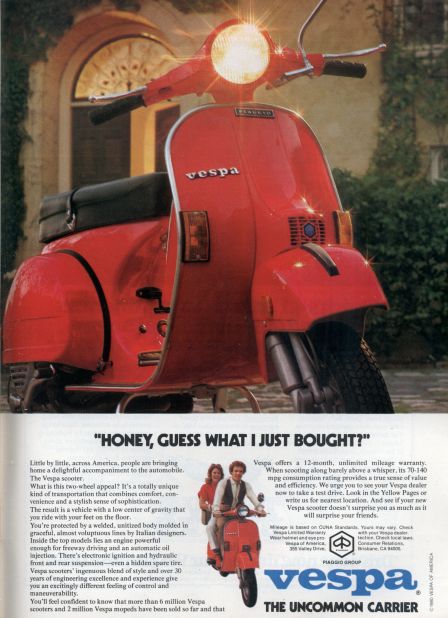 This 1980 advertisement aimed at the North American market pitched the Vespa as an accompaniment to the automobile rather than a replacement. 