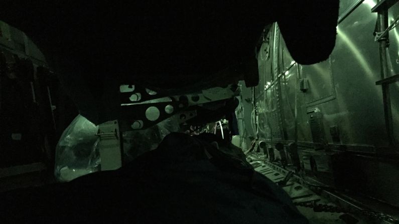 Inside the C-17 as it flies over the Atlantic Ocean. The photo was taken from inside one of the cots set up for sleeping.