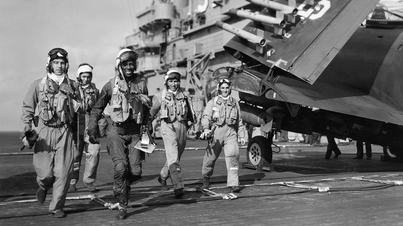 Brown with his squadron mates aboard the USS Leyte, where he'd finally won acceptance because of his skill as a pilot.