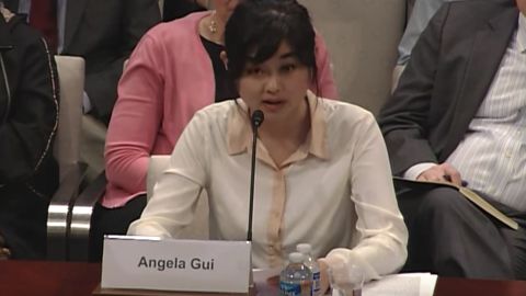 Angela Gui, daughter of Hong Kong-based bookseller Gui Minhai, testifies before the US Congressional Executive Commission on China in 2016. 