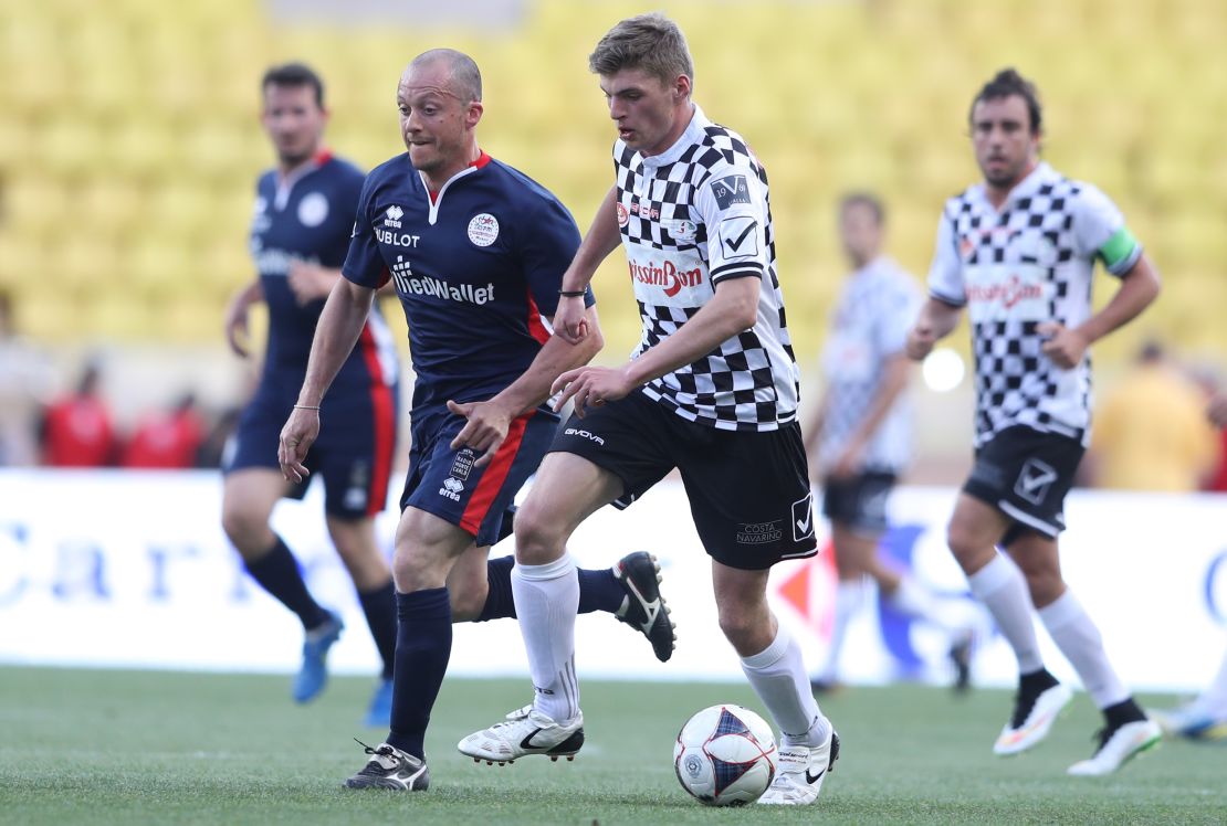 Max Verstappen on the ball during the 24th World Stars football match at Stade Louis II, Monaco.