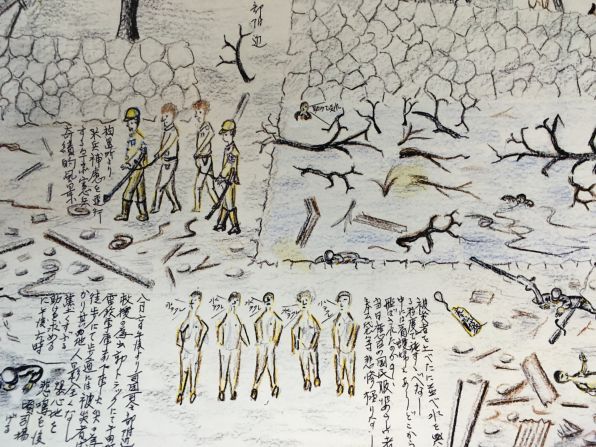 Japanese public broadcaster NHK collected the drawings of A-bomb survivors. This one shows U.S. prisoners of war (POWs) being taken by Japanese Military Police.