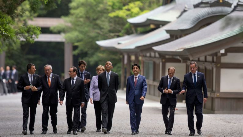 From left: Italian Prime Minister Matteo Renzi, European Commission President Jean-Claude Juncker, French President François Hollande, Canadian Prime Minister Justin Trudeau, German Chancellor Angela Merkel, U.S. President Barack Obama, Japanese Prime Minister Shinzo Abe, European Council President Donald Tusk and British Prime Minister David Cameron walk past the Kagura-den as they visit Ise Jingu shrine in Ise, Japan, on Thursday, May 26. Obama is visiting Japan and Vietnam <a href="index.php?page=&url=http%3A%2F%2Fwww.cnn.com%2F2016%2F05%2F23%2Fpolitics%2Fobama-hiroshima-vietnam-trip-wartime-legacy%2Findex.html" target="_blank">during his 10th trip to Asia.</a>