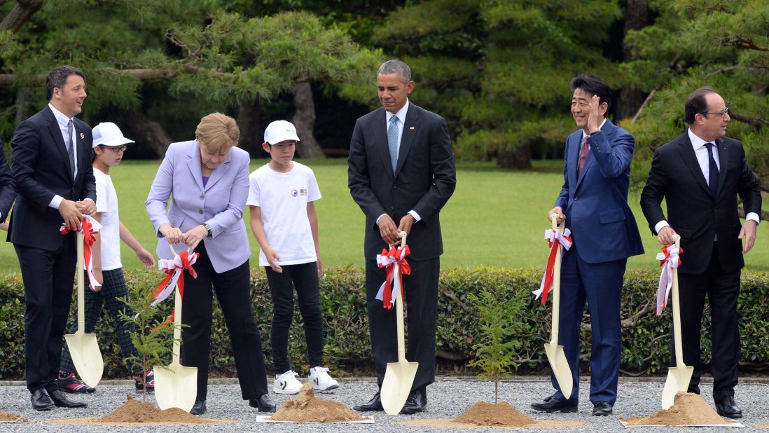 World leaders join in a ceremony to plant trees at Ise Jingu shrine in Ise, Japan, on May 26. Obama and other major world leaders are in Japan for a Group of Seven, or G7, summit.