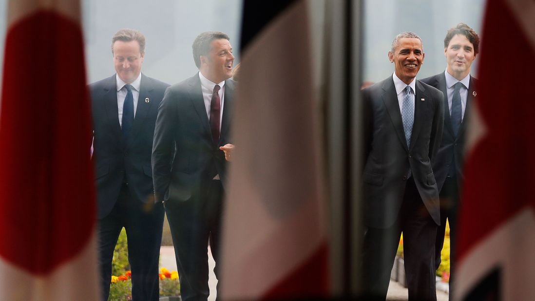 From left: British Prime Minister David Cameron, Italian Prime Minister Matteo Renzi, U.S. President Barack Obama and Canadian Prime Minister Justin Trudeau talk together after a group photo session at the G7 summit in Shima, Japan, on May 26.