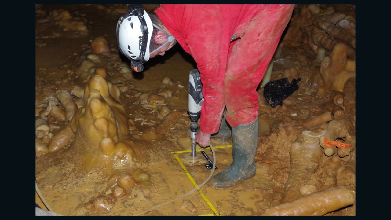The stalagmite floor inside one of the structures of the Bruniquel Cave.