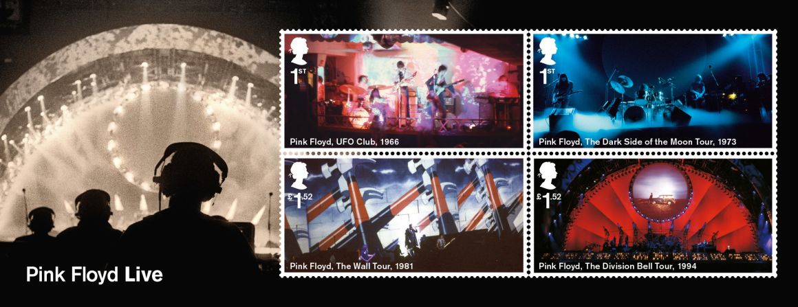 The miniature sheet showcases four of Pink Floyd's live performances.