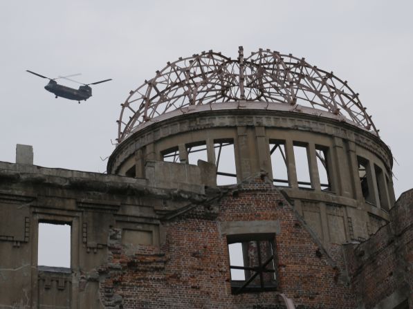 A helicopter takes off near the the Atomic Bomb Dome in Hiroshima, Japan.