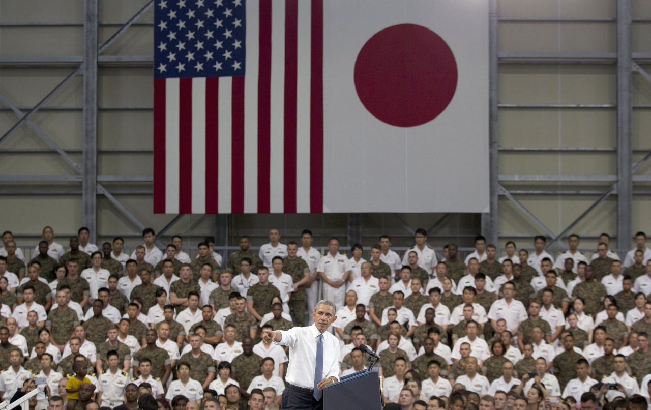 President Obama speaks to members of the U.S. and Japanese military at the Marine Corps Air Station Iwakuni in Japan before continuing to Hiroshima.