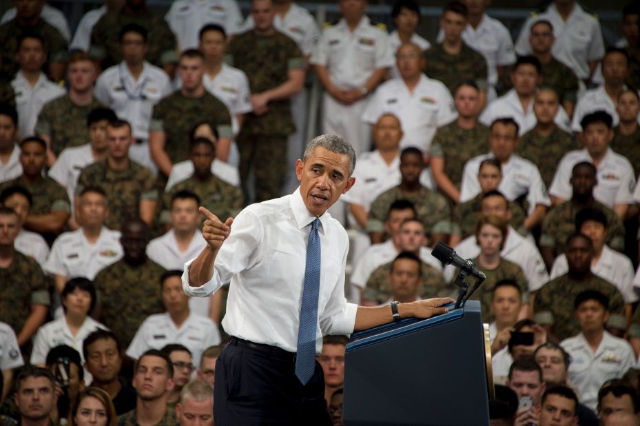 President Obama speaks to U.S. and Japanese troops during his visit to the Marine Corps Air Station. 