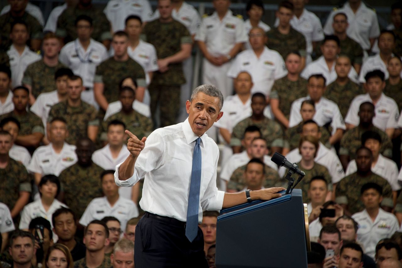 President Obama speaks to U.S. and Japanese troops during his visit to the Marine Corps Air Station.
