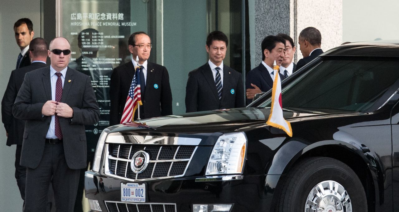 President Obama, right, is greeted Japanese Prime Minister Shinzo Abe upon arriving at the Hiroshima Peace Memorial Park.