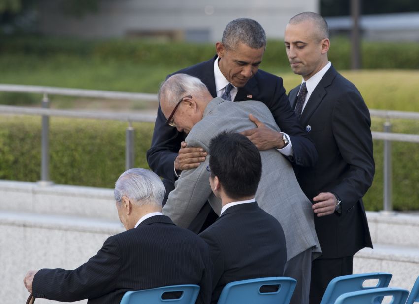 President Barack Obama hugs Shigeaki Mori, an atomic bomb survivor who created the memorial for American WWII POWs killed at Hiroshima, during a ceremony at Hiroshima Peace Memorial Park in Hiroshima, Japan, Friday, May 27. Obama on Friday became the first sitting U.S. president to visit the site of the world's first atomic bomb attack.
