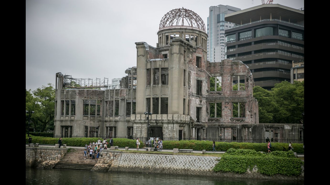 <strong>Now: </strong>Visitors gather in front of what is now the Hiroshima Peace Memorial on Thursday, May 26.