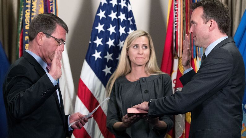 U.S. Defense Secretary Ash Carter, left, swears in Secretary of the Army Eric Fanning during a ceremony at the Pentagon on Wednesday, May 18. Fanning is <a href="index.php?page=&url=http%3A%2F%2Fwww.cnn.com%2F2016%2F05%2F17%2Fpolitics%2Feric-fanning-secretary-of-the-army%2F" target="_blank">the first openly gay secretary of a U.S. military branch.</a>