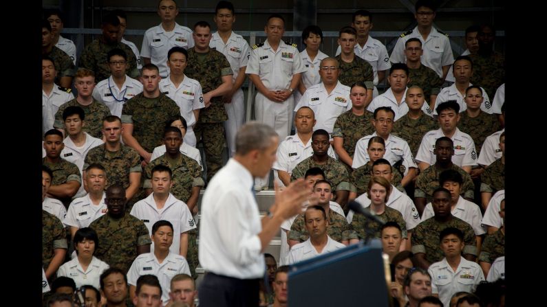 U.S. President Barack Obama speaks to U.S. and Japanese troops during his visit to the Marine Corps Air Station in Iwakuni, Japan, on Friday, May 27. <a href="index.php?page=&url=http%3A%2F%2Fwww.cnn.com%2F2016%2F05%2F23%2Fpolitics%2Fgallery%2Fobama-in-asia-may-2016%2Findex.html" target="_blank">See more photos of Obama's trip to Japan and Vietnam</a>