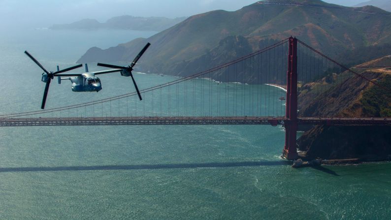 Marines fly a tiltrotor aircraft over the Golden Gate Bridge in San Francisco on Thursday, May 19.