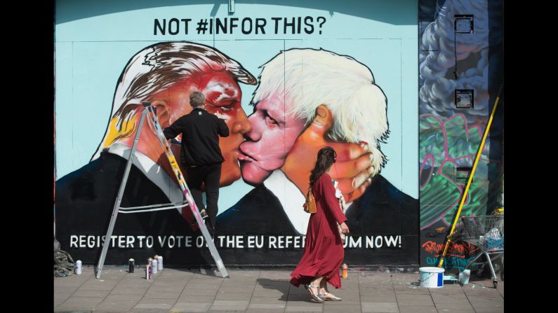 A mural in Bristol, England, shows London Mayor Boris Johnson, right, kissing U.S. presidential candidate Donald Trump on Monday, May 23. Local artists created the mural to urge young people to register to vote. Britain <a href="http://money.cnn.com/2016/04/15/news/eu-referendum-brexit-campaign/index.html" target="_blank">is facing its biggest political decision in decades:</a> Remain a member of the European Union, or walk away from the world's largest single market?