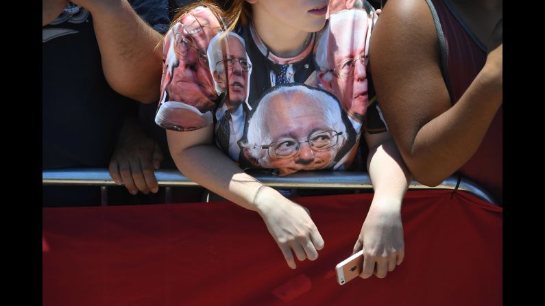 A person wears a Bernie Sanders shirt after the U.S. senator and presidential candidate spoke at a rally in Cathedral City, California, on Wednesday, May 25.
