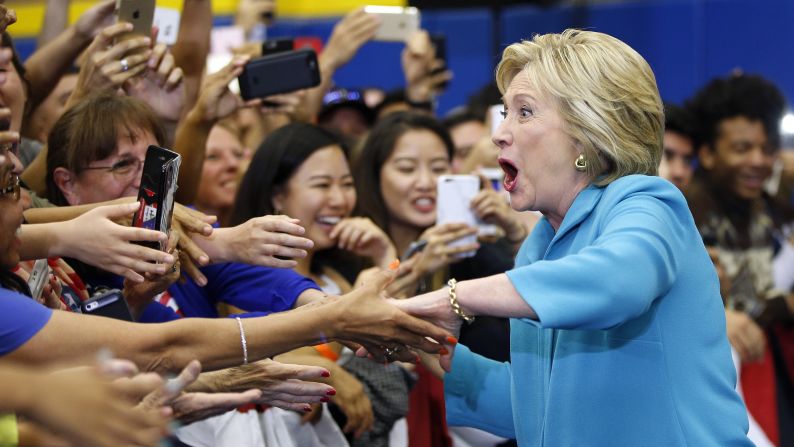 Democratic presidential candidate Hillary Clinton arrives at a rally in Riverside, California, on Tuesday, May 24.