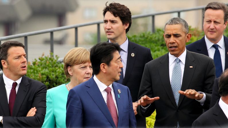 World leaders walk together for a photo session Thursday, May 26, on the first day of G7 summit meetings in Shima, Japan. From left are Italian Prime Minister Matteo Renzi, German Chancellor Angela Merkel, Japanese Prime Minister Shinzo Abe, Canadian Prime Minister Justin Trudeau, U.S. President Barack Obama and British Prime Minister David Cameron.