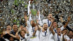 Real Madrid won it's 11th UEFA Champions League Final match against Atletico Milan on May 28. Regulation time ended with a 1:1 tie but Real Madrid won 5-3 on penalty kicks. Sergio Ramos lifts the Champions League trophy as his teammates celebrate around him.