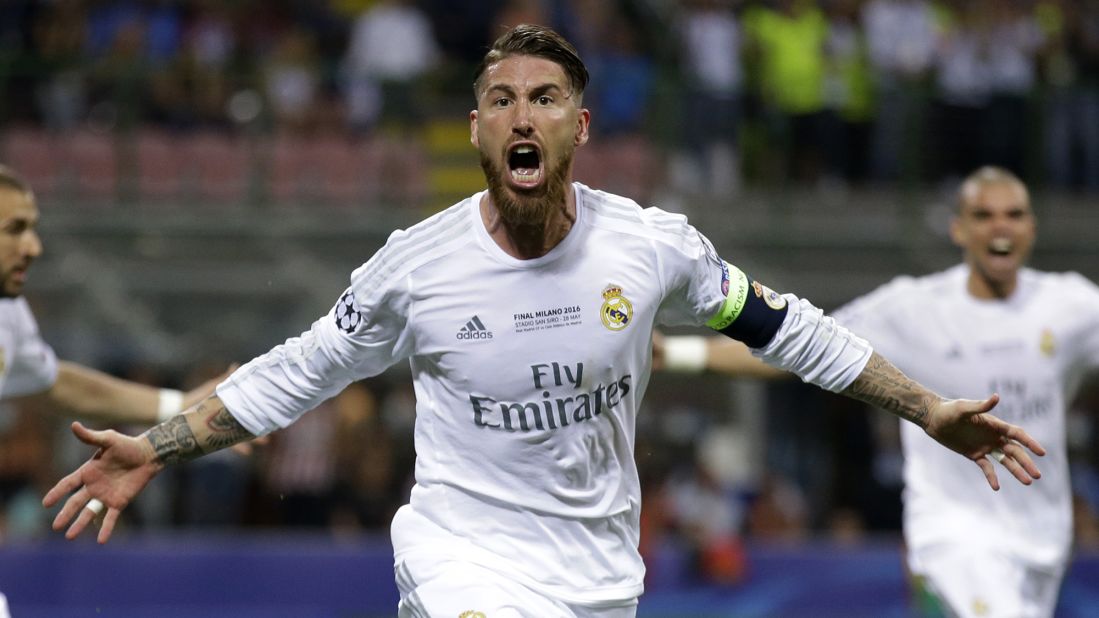 Sergio Ramos celebrates after scoring Real Madrid's to give Zinedine Zidane's team a first half lead.