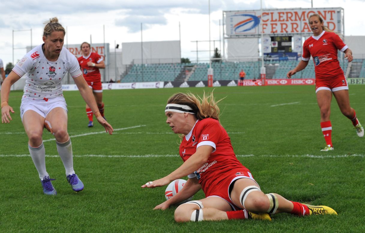 In Sunday's first semifinal, Canada overcame England 31-10, with Karen Paquin (pictured) scoring once and Ghislaine Landry bagging a hat-trick.