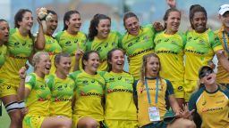 Australia's players jubilate after winning the HSBC World Rugby Women's Sevens Series match between Australia and Spain  on May 29, 2016 at the Gabriel Montpied stadium in Clermont-Ferrand, central France. AFP PHOTO / THIERRY ZOCCOLAN / AFP / THIERRY ZOCCOLAN        (Photo credit should read THIERRY ZOCCOLAN/AFP/Getty Images)