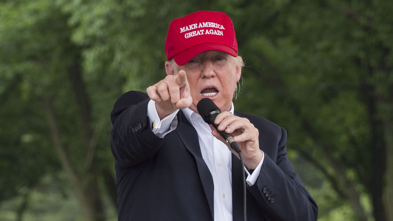 Republican presedential candidate Donald Trump speaks during an event at the annual Rolling Thunder "Ride for Freedom" parade ahead of Memorial Day in Washington, DC, on  May 29, 2016. / AFP / Andrew Caballero-Reynolds        (Photo credit should read ANDREW CABALLERO-REYNOLDS/AFP/Getty Images)