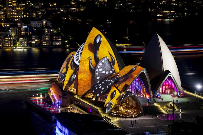 Australia's most iconic building, the Sydney Opera House, turns into an animated, curved and multi-faceted canvas that features Australian indigenous art, such as the work of artist Donny Woolagoodja (pictured), during the "Songlines" exhibition.
